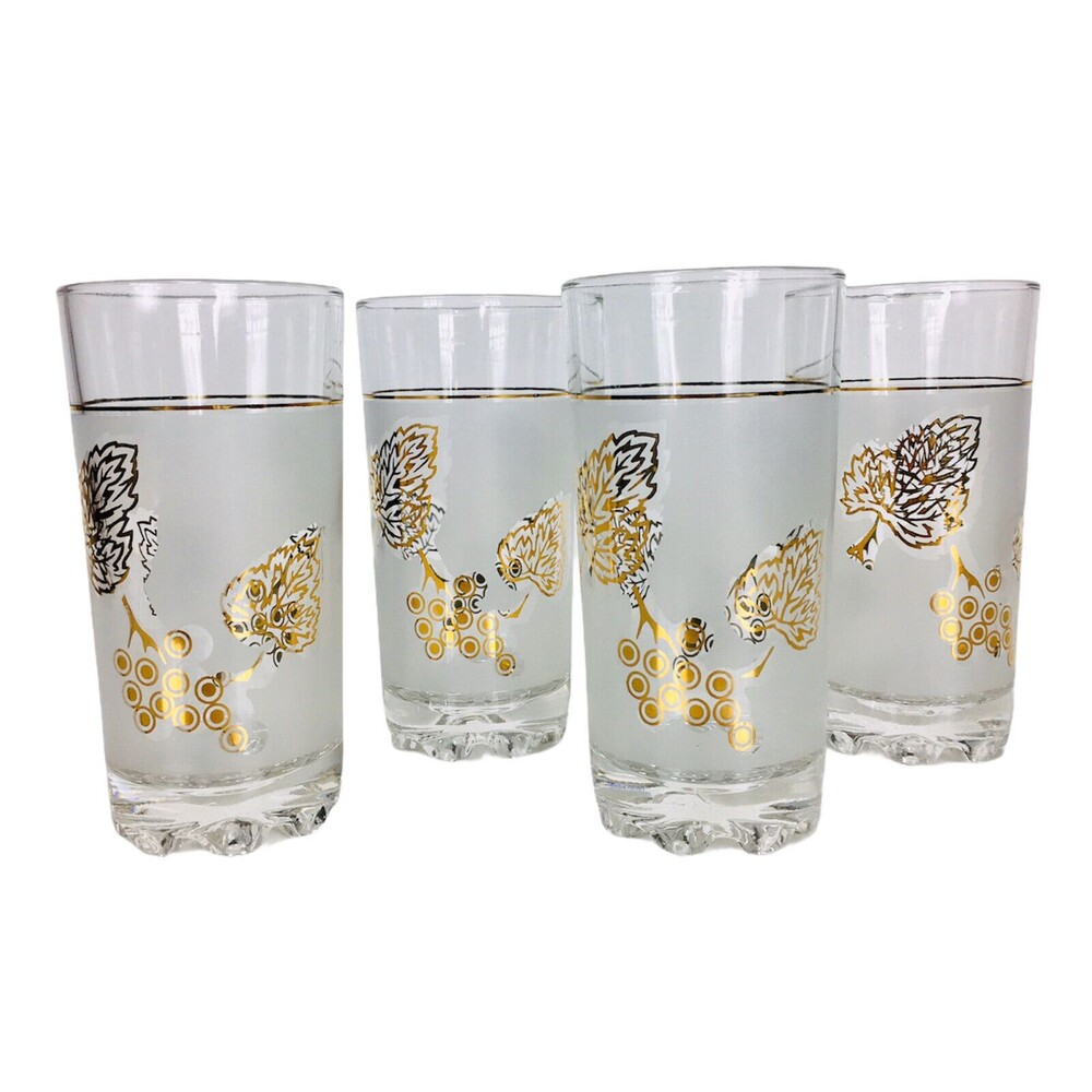 VTG 60s MCM Gold Leaf Rippled Frosted Heavy Bottom Cerve High Ball Glasses Italy